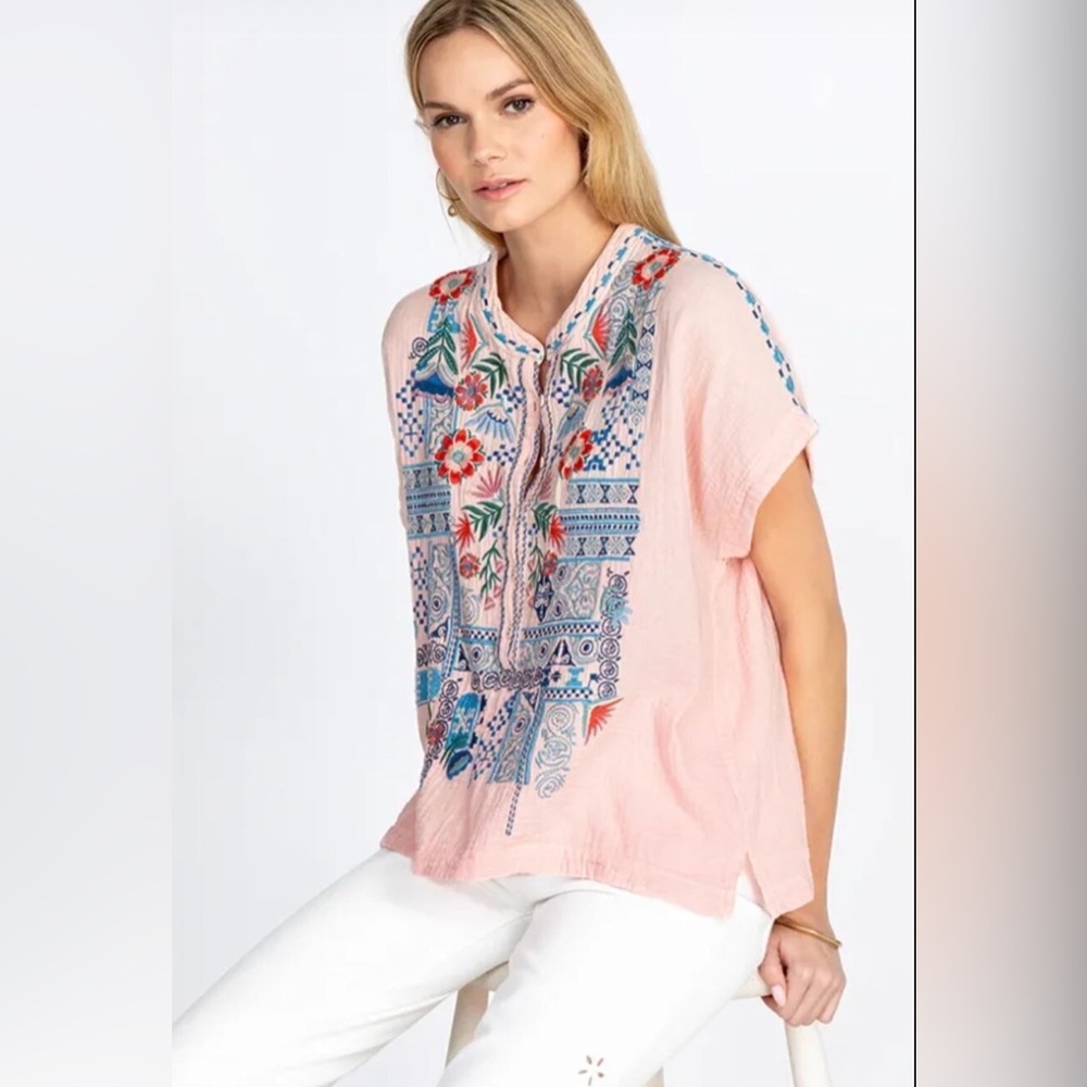 Johnny Was Pink Chrisley Blouse with Blue Embroidery - size M